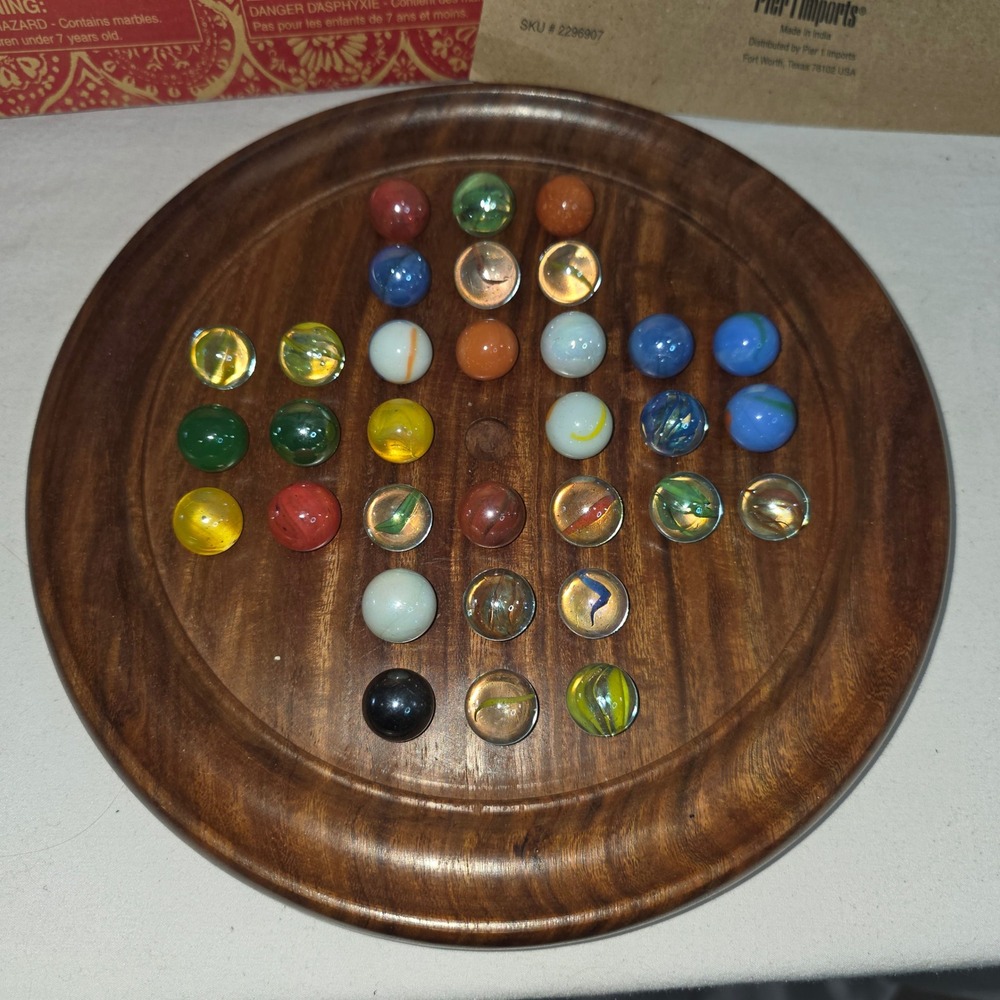 Pier 1 Imports Wooden Marble Solitaire Game Set with Glass Marbles